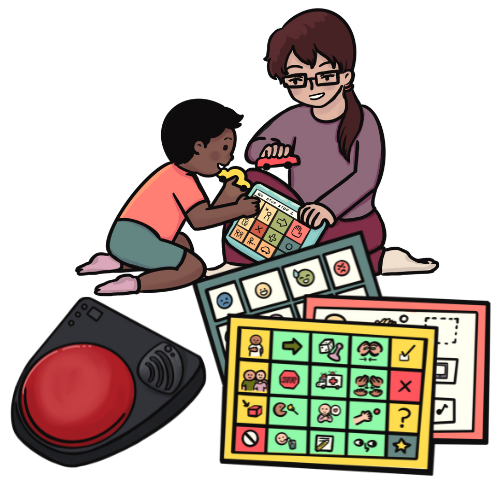 A graphic image of an Assistive Technology Professional working with a toddler boy. Next to them is a Step by Step switch and some picture boards used for communication.