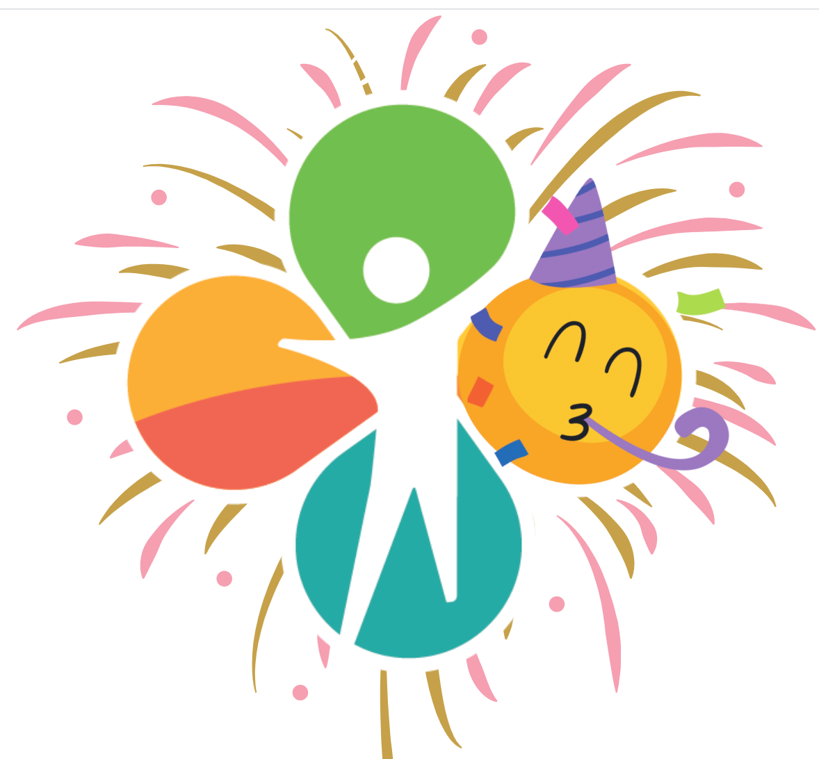 CV logo with some fireworks coming out of it and one of the petals has been turned into a small face with a party hat, blowing a noise maker.