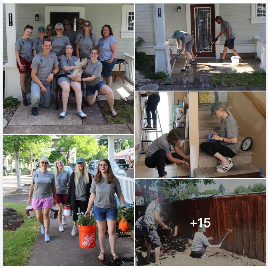 A collection of 5 photos of people working ona house. One where they are posing, another they are painting a fence, another carrying supplies.