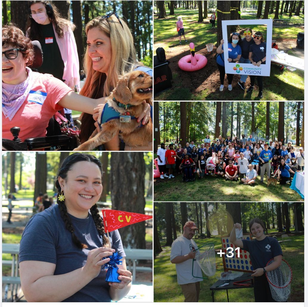 A selection of 5 pictures from a picnic, one with a woman holding a dog another with friends smiling, another with a flag that says CV