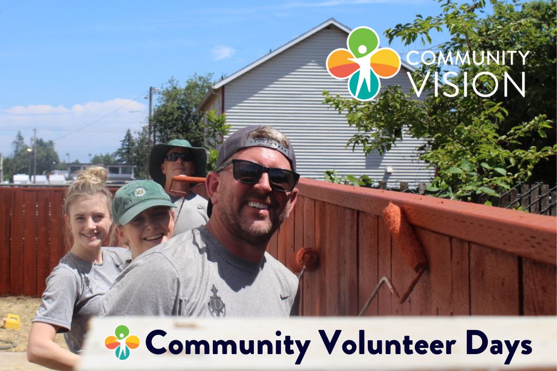 Text; Community Volunteer Days. Picture is 3 people smiling while painting a fence