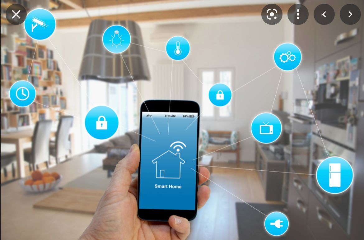 Image of a smart home with a phone digitally connected to various home appliances.
