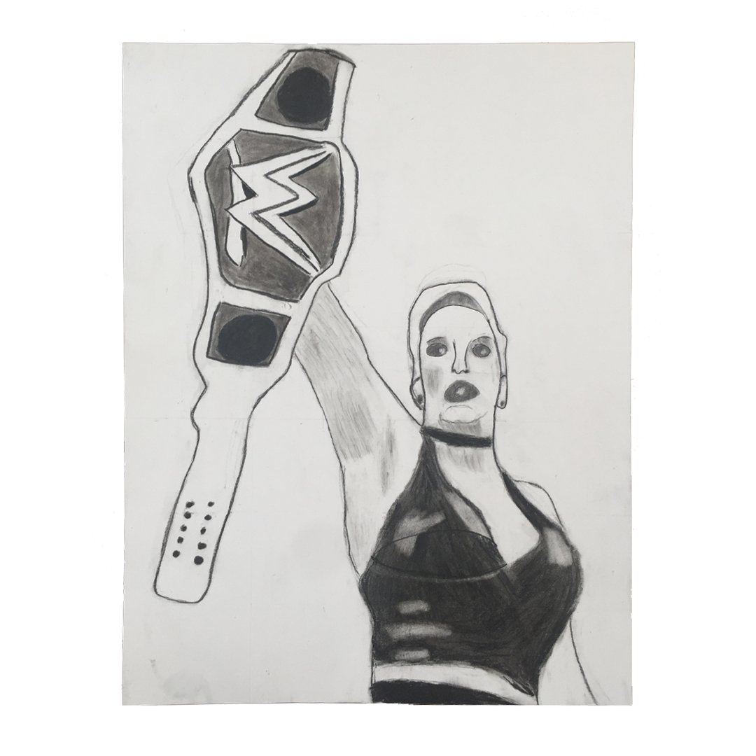 Drawing by Odessa of a female wrestler holding up a wrestling belt.