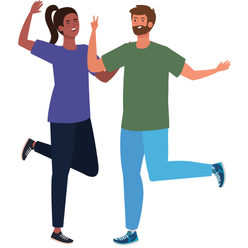 Indian woman with black hair in a ponytail and a purple shirt and black pants celebrates with a white man with brown hair and a beard wearing a green shirt and blue pants.