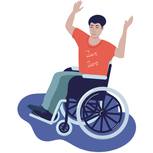 Asian man with orange shirt and blue pants, in a wheelchair, celebrates with hands in the air