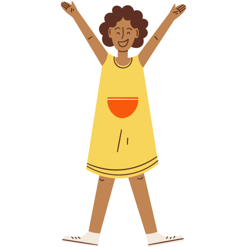 Young black woman with curly brown hair and a yellow sundress with a heart on it celebrates with her hands in the air