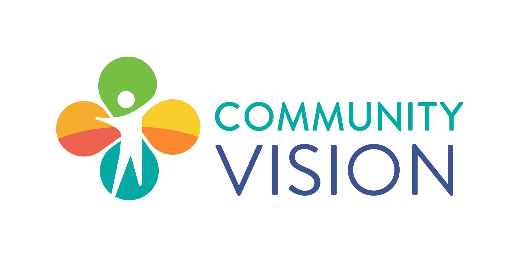 Community Vision's logo with a white background - On the left, a human figure in white with four petals of color (orange & red, green, yellow & orange, and aqua) framing the figure. To the right, the word community in aqua above the word vision in dark blue.