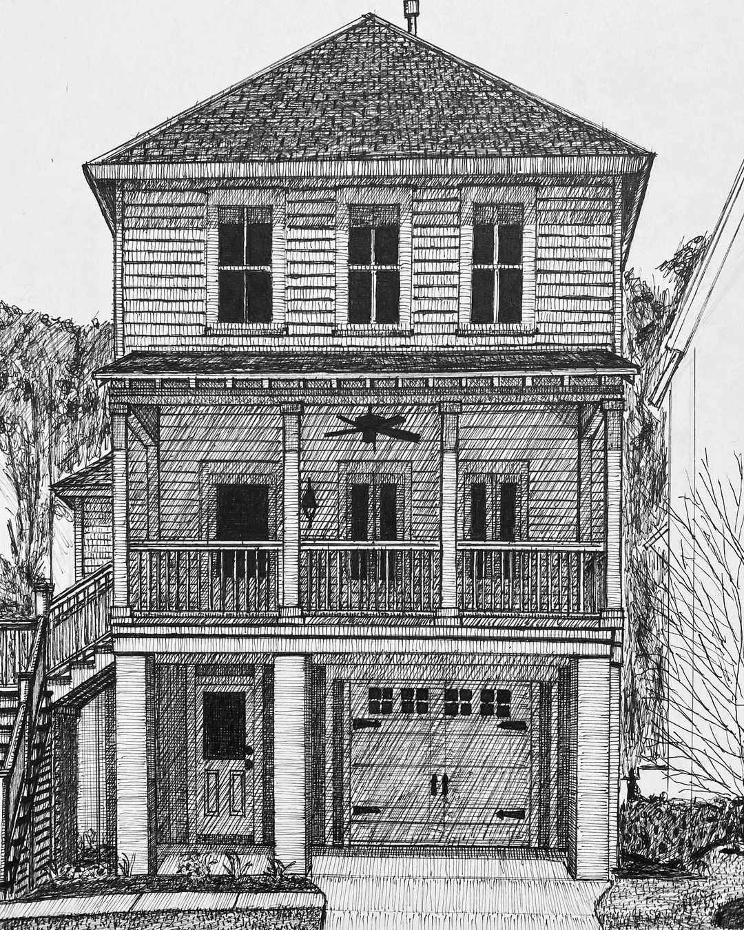 Drawing of a large house by Austin Brague. It is in black and white.